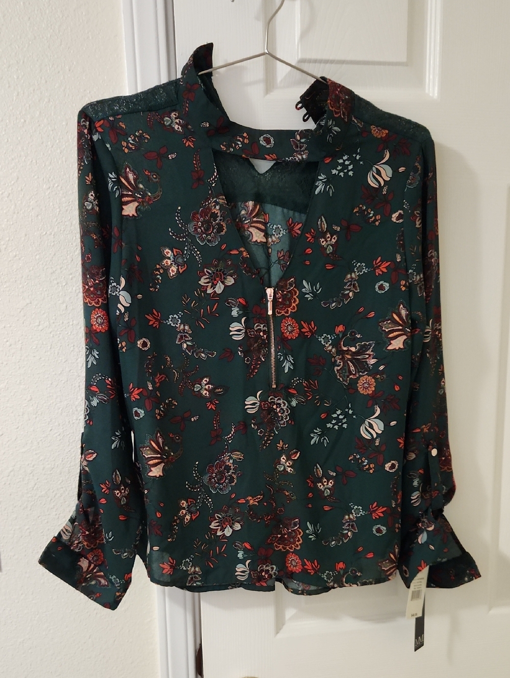 My Michelle Emerald Green Floral Zip-Front Blouse